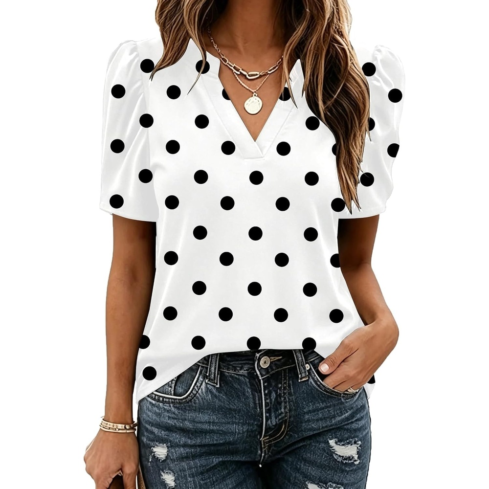 image:imageZeagoo Women Blouses Puff Short Sleeve Tops V Neck Dressy Casual Spring Shirts Boho Floral Cute Clothes 2026Jh592 Polka Dots