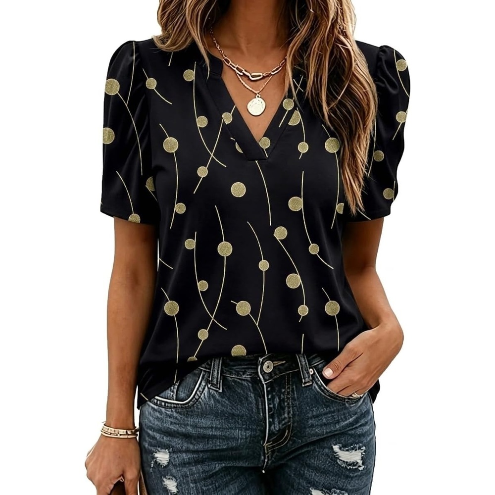 image:imageZeagoo Women Blouses Puff Short Sleeve Tops V Neck Dressy Casual Spring Shirts Boho Floral Cute Clothes 2026Jh601black
