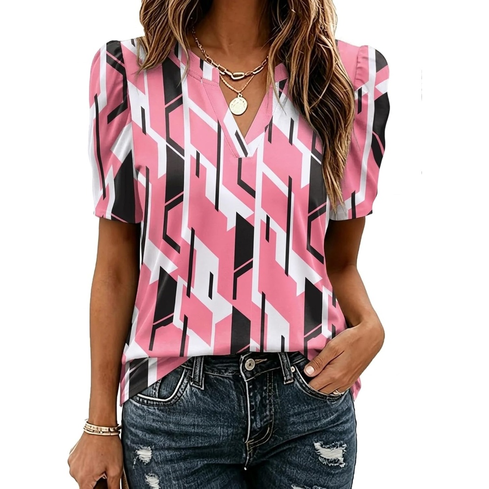 image:imageZeagoo Women Blouses Puff Short Sleeve Tops V Neck Dressy Casual Spring Shirts Boho Floral Cute Clothes 2026Jh603pink