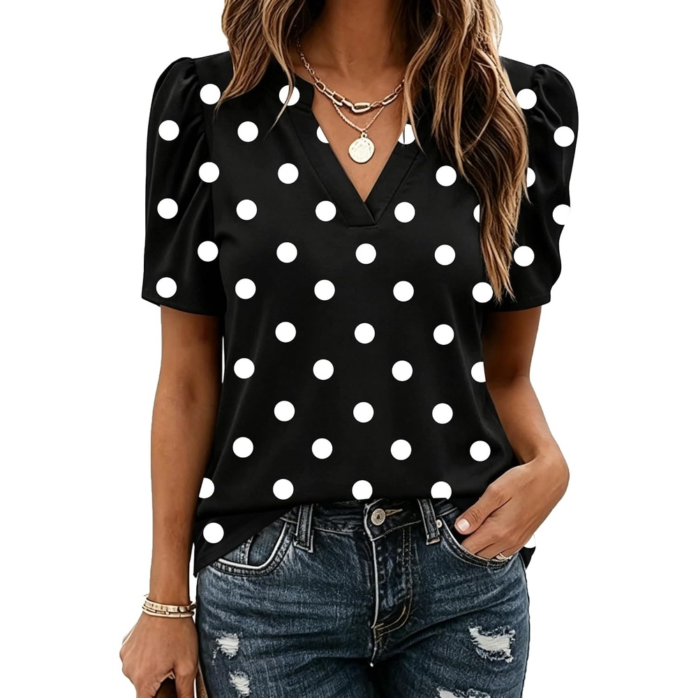 image:imageZeagoo Women Blouses Puff Short Sleeve Tops V Neck Dressy Casual Spring Shirts Boho Floral Cute Clothes 2026Jh696 Polka Dots
