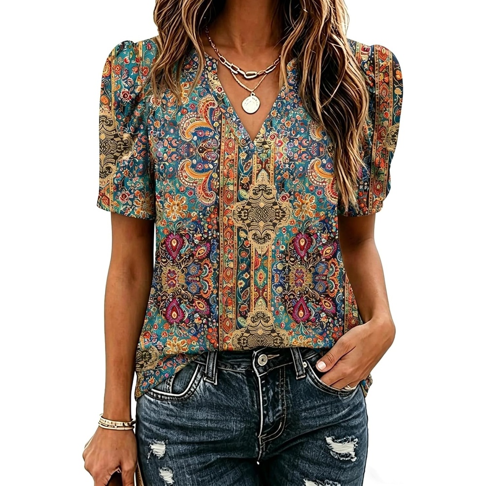 image:imageZeagoo Women Blouses Puff Short Sleeve Tops V Neck Dressy Casual Spring Shirts Boho Floral Cute Clothes 2026Mz721multicolored