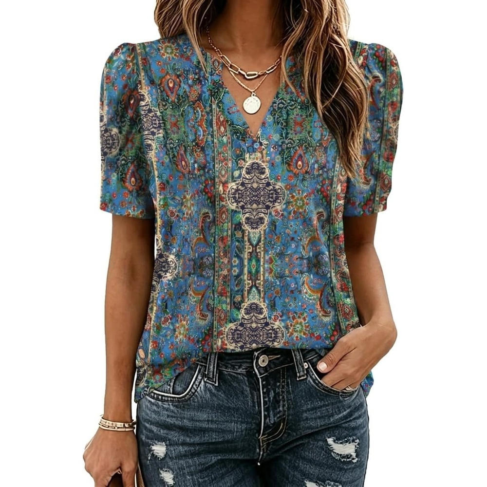 image:imageZeagoo Women Blouses Puff Short Sleeve Tops V Neck Dressy Casual Spring Shirts Boho Floral Cute Clothes 2026Mz779multicolored