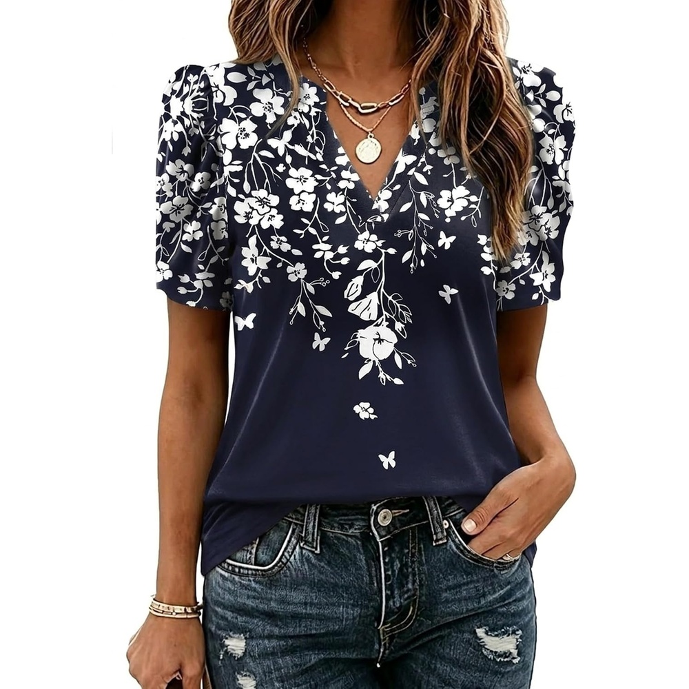 image:imageZeagoo Women Blouses Puff Short Sleeve Tops V Neck Dressy Casual Spring Shirts Boho Floral Cute Clothes 2026Sf103navy