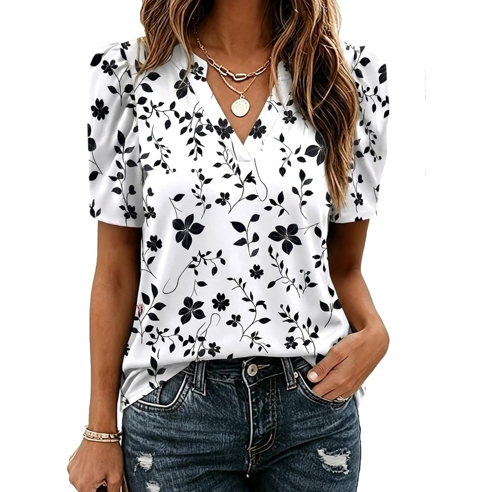 image:imageZeagoo Women Blouses Puff Short Sleeve Tops V Neck Dressy Casual Spring Shirts Boho Floral Cute Clothes 2026Sf291white