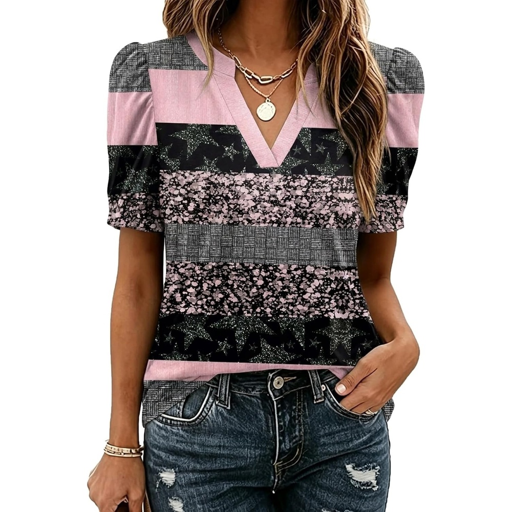 image:imageZeagoo Women Blouses Puff Short Sleeve Tops V Neck Dressy Casual Spring Shirts Boho Floral Cute Clothes 2026Tz245stripe