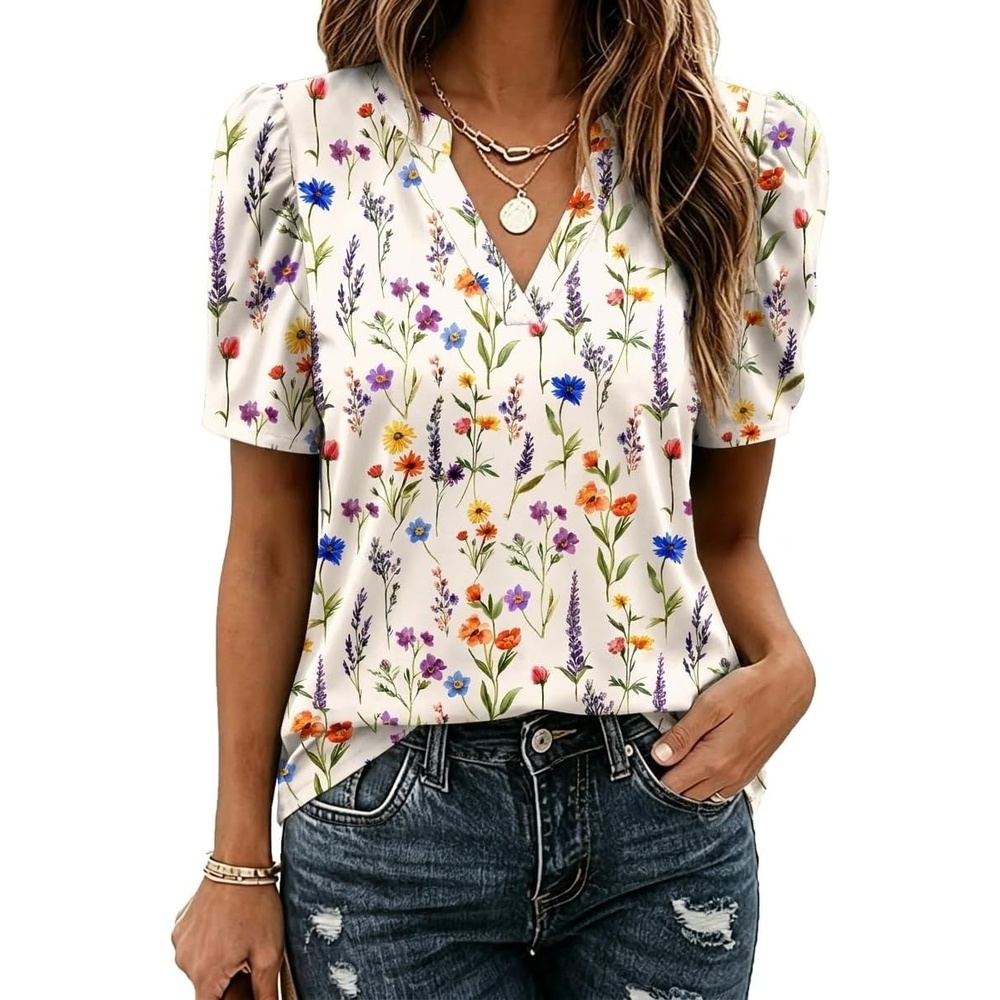 image:imageZeagoo Women Blouses Puff Short Sleeve Tops V Neck Dressy Casual Spring Shirts Boho Floral Cute Clothes 2026Wf109apricot