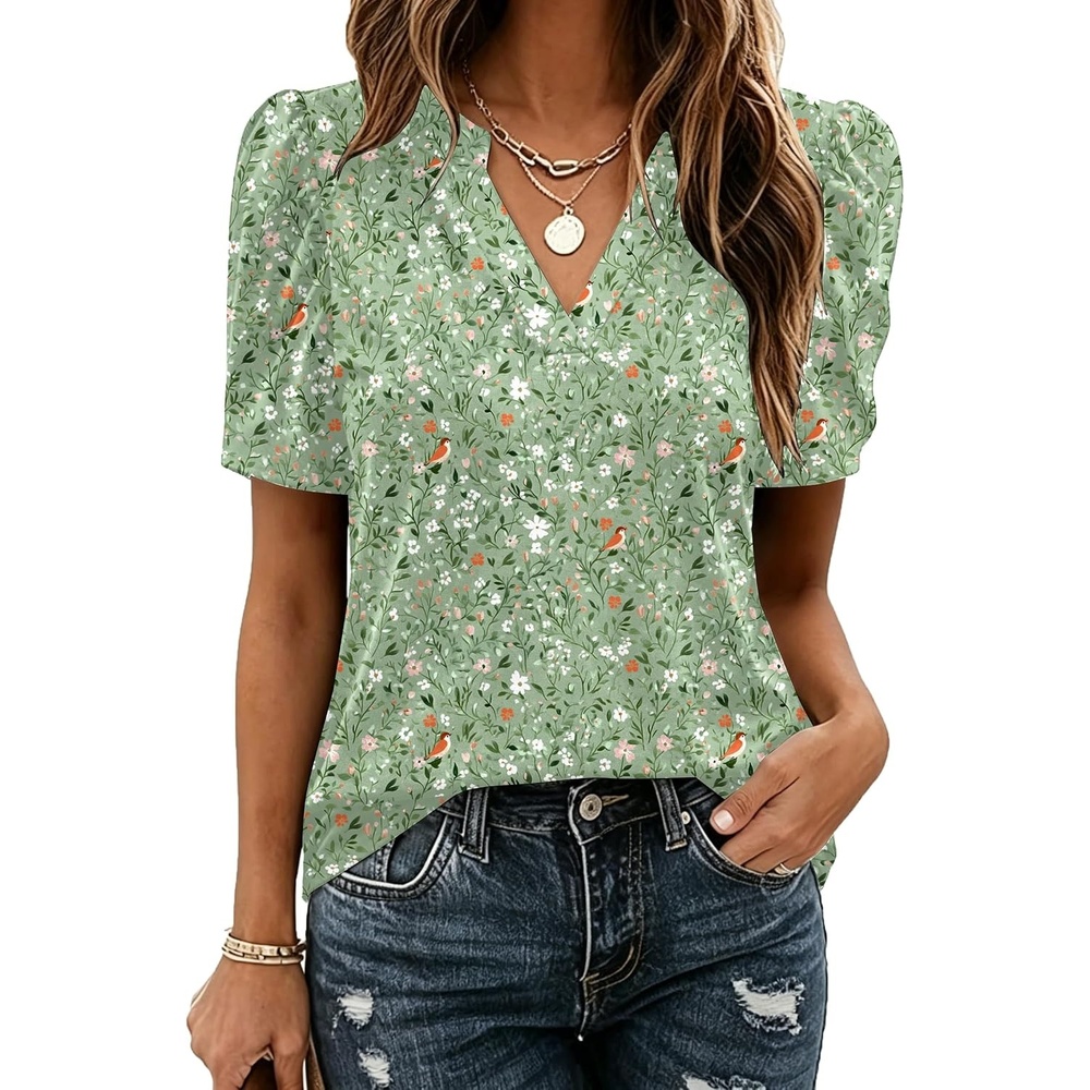 image:imageZeagoo Women Blouses Puff Short Sleeve Tops V Neck Dressy Casual Spring Shirts Boho Floral Cute Clothes 2026Xh534 Green Flowers