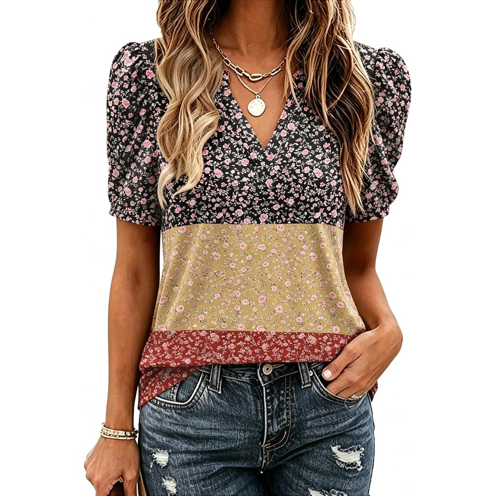 image:imageZeagoo Women Blouses Puff Short Sleeve Tops V Neck Dressy Casual Spring Shirts Boho Floral Cute Clothes 2026Xh553flowers