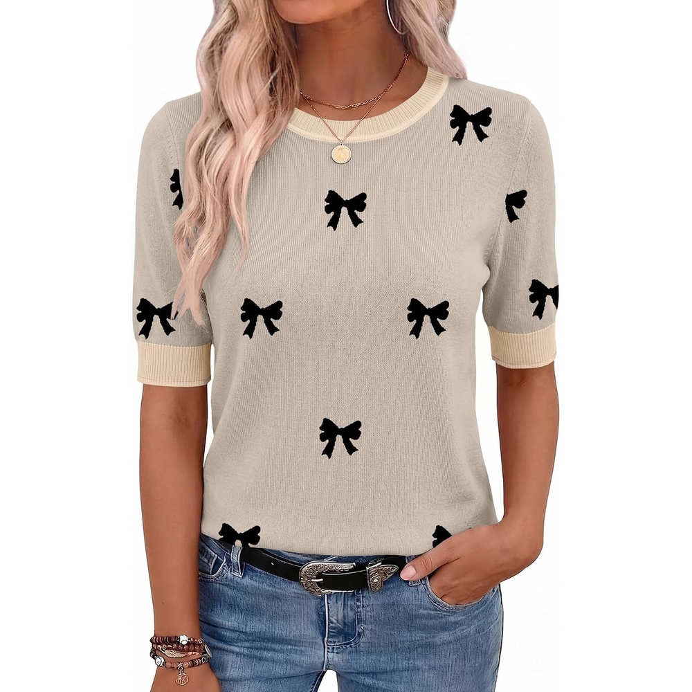image:imageZeagoo Women Short Sleeve Sweater Summer Crew Neck Dressy Casual Tops1bow Knot Black