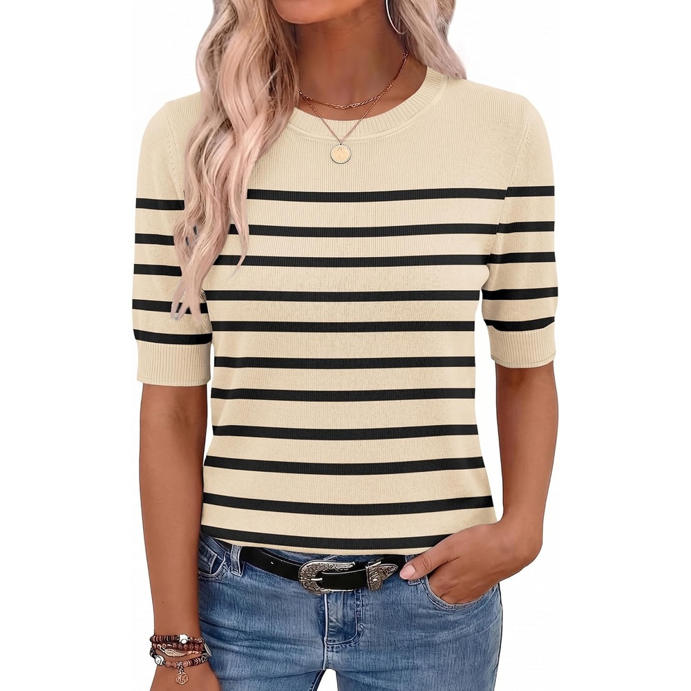 image:imageZeagoo Women Short Sleeve Sweater Summer Crew Neck Dressy Casual TopsApricotblack