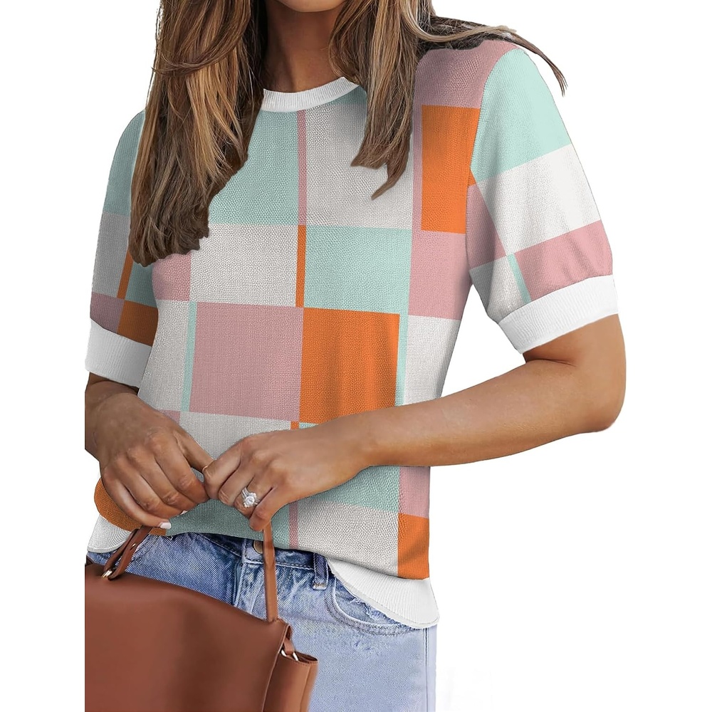 image:imageZeagoo Women Short Sleeve Sweater Summer Crew Neck Dressy Casual TopsBlue Pink Gw84