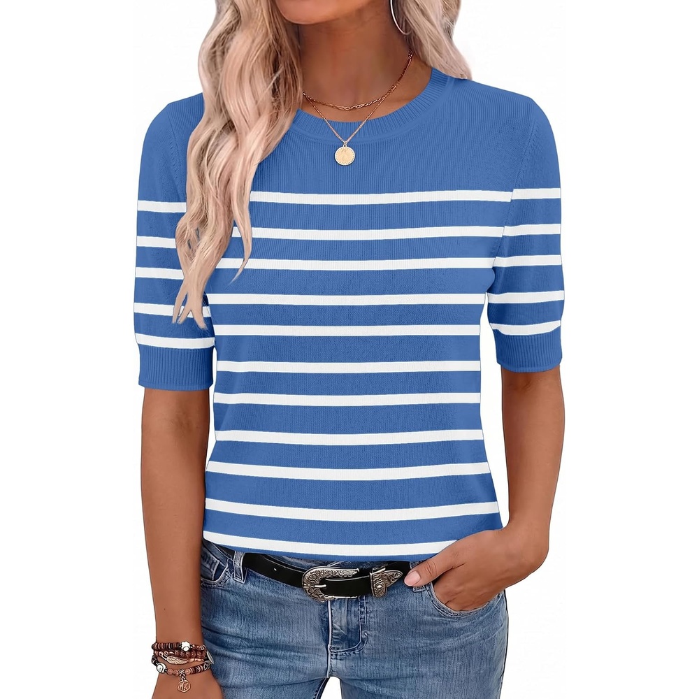 image:imageZeagoo Women Short Sleeve Sweater Summer Crew Neck Dressy Casual TopsBluewhite