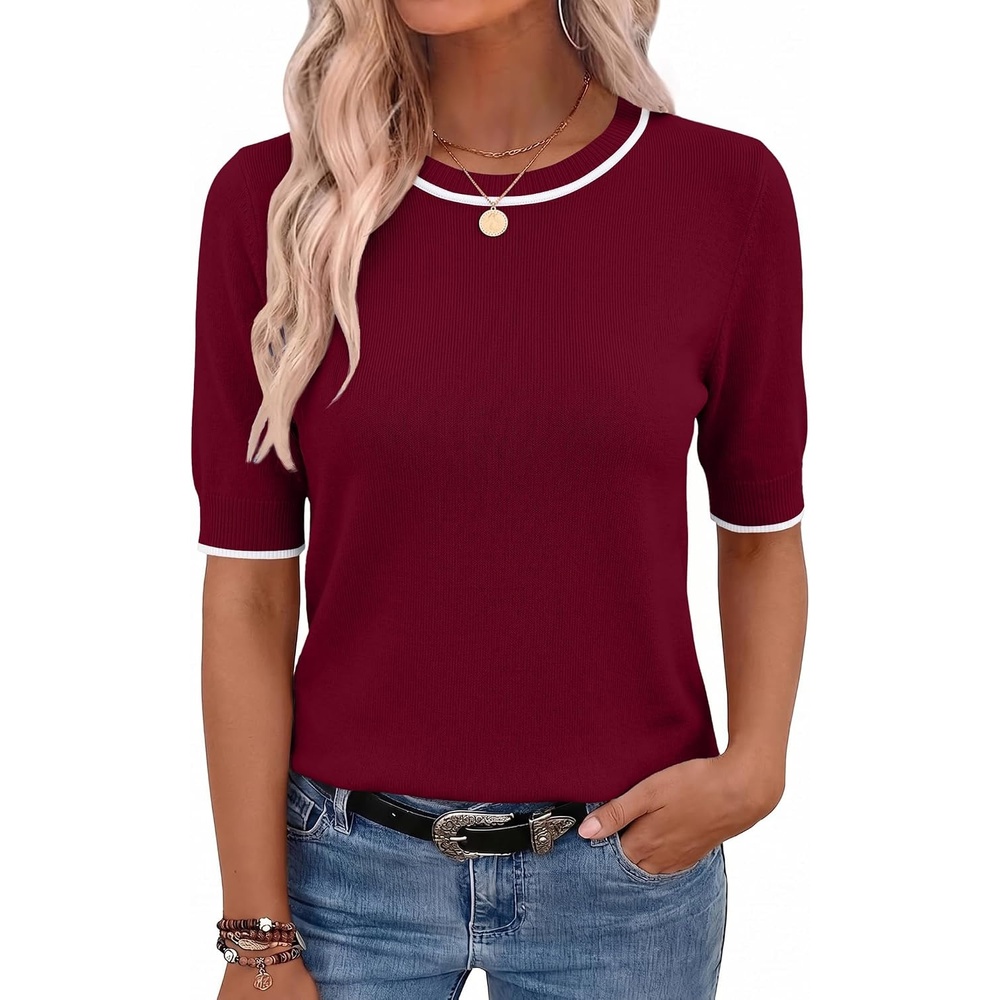 image:imageZeagoo Women Short Sleeve Sweater Summer Crew Neck Dressy Casual TopsDark Red