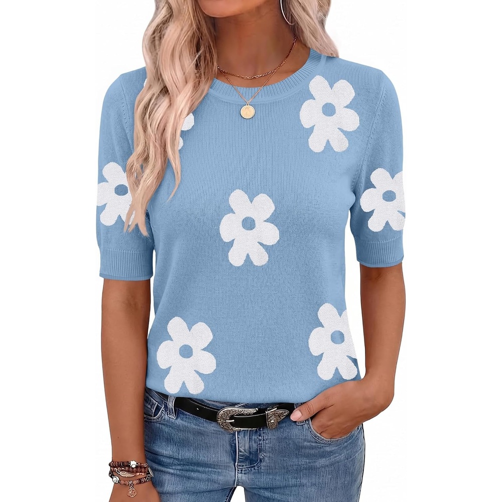 image:imageZeagoo Women Short Sleeve Sweater Summer Crew Neck Dressy Casual TopsFloral Bluewhite