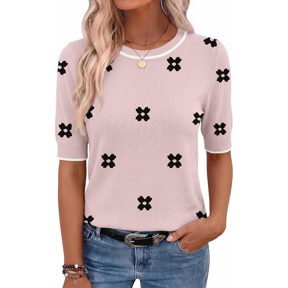 image:imageZeagoo Women Short Sleeve Sweater Summer Crew Neck Dressy Casual TopsFloral Jh455 Pinkwhite
