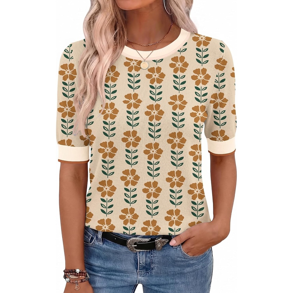 image:imageZeagoo Women Short Sleeve Sweater Summer Crew Neck Dressy Casual TopsFloral Khakiorange