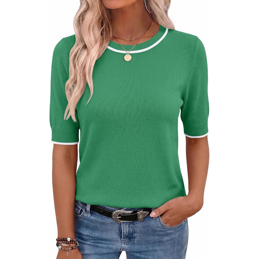 image:imageZeagoo Women Short Sleeve Sweater Summer Crew Neck Dressy Casual TopsGreen