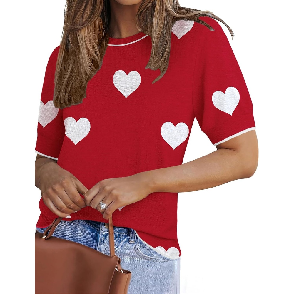 image:imageZeagoo Women Short Sleeve Sweater Summer Crew Neck Dressy Casual TopsHeart Redwhite