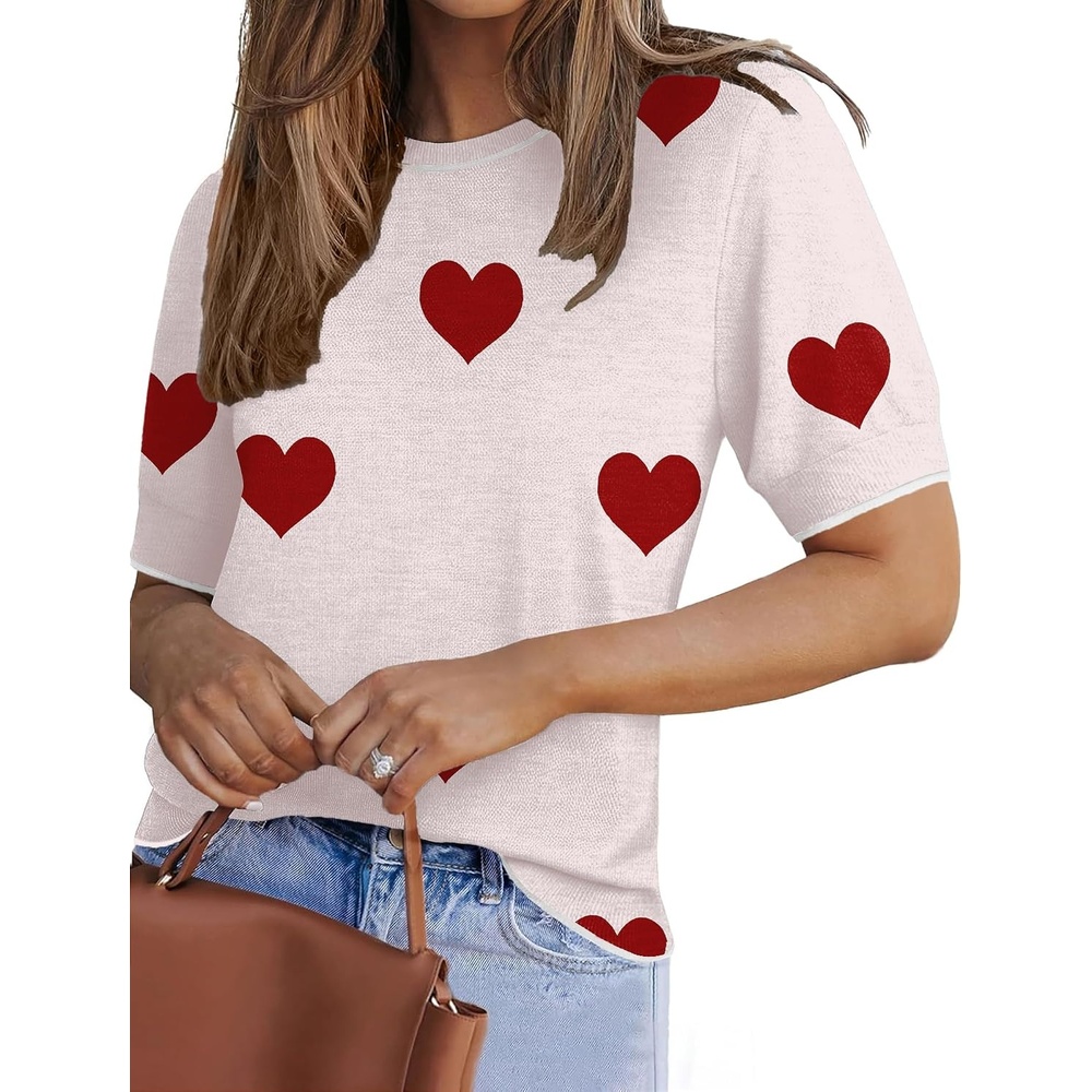 image:imageZeagoo Women Short Sleeve Sweater Summer Crew Neck Dressy Casual TopsHeart Whitered
