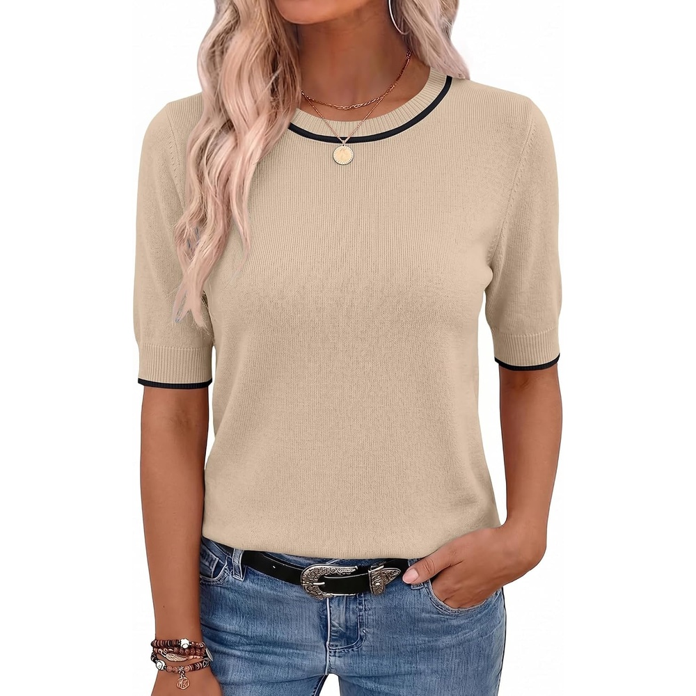 image:imageZeagoo Women Short Sleeve Sweater Summer Crew Neck Dressy Casual TopsKhaki
