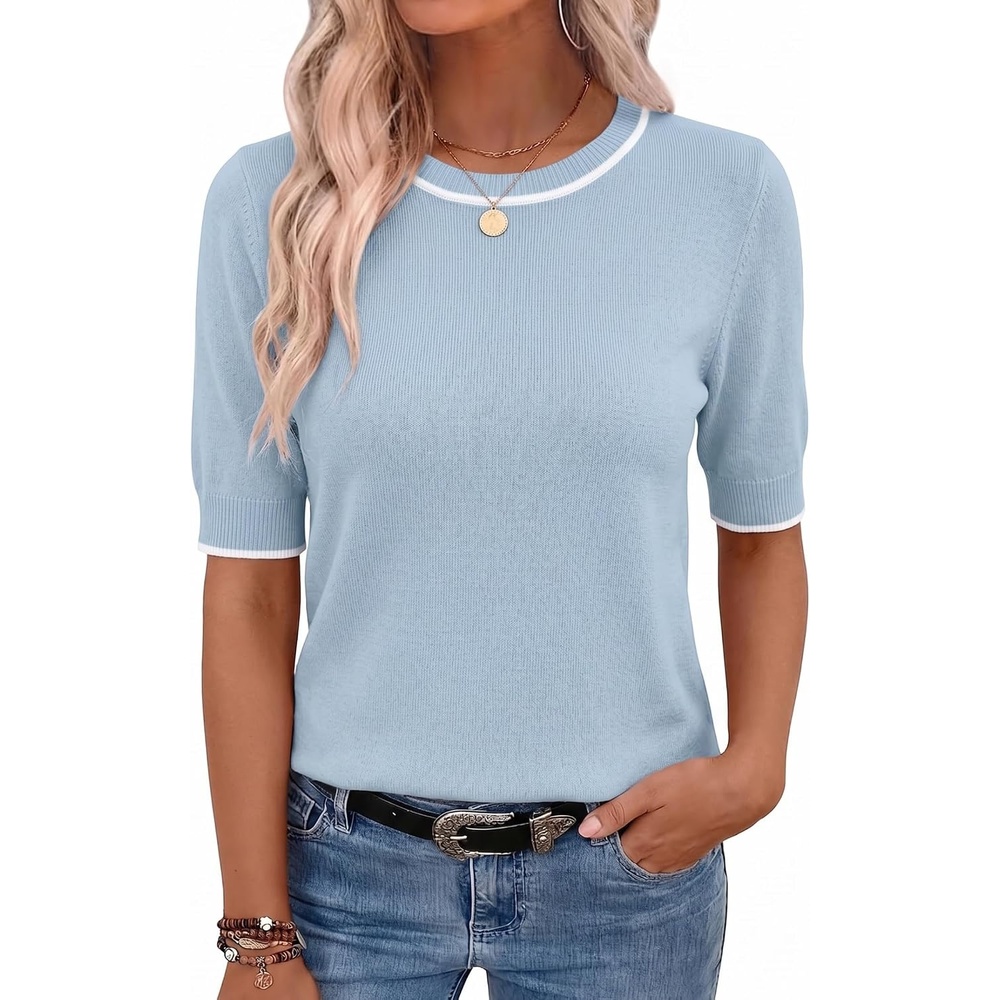 image:imageZeagoo Women Short Sleeve Sweater Summer Crew Neck Dressy Casual TopsLight Blue
