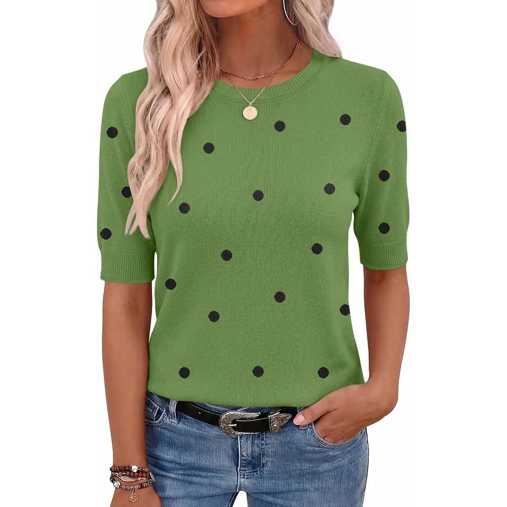 image:imageZeagoo Women Short Sleeve Sweater Summer Crew Neck Dressy Casual TopsPolka Pots Green 271