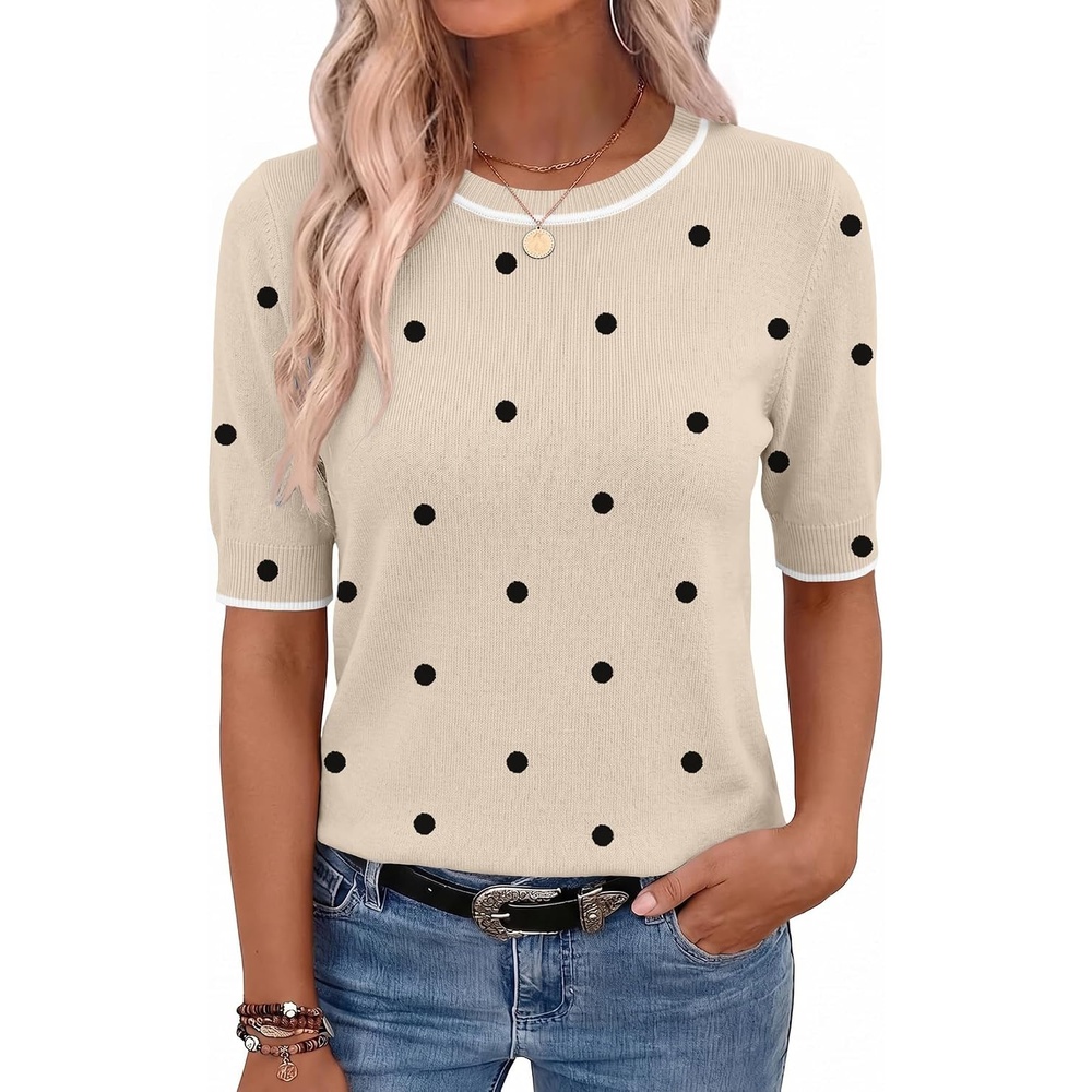 image:imageZeagoo Women Short Sleeve Sweater Summer Crew Neck Dressy Casual TopsPolka Pots Khaki 442