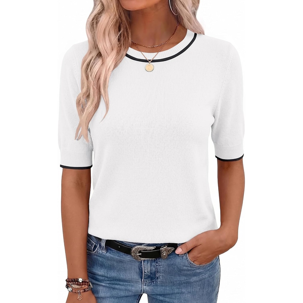 image:imageZeagoo Women Short Sleeve Sweater Summer Crew Neck Dressy Casual TopsWhite