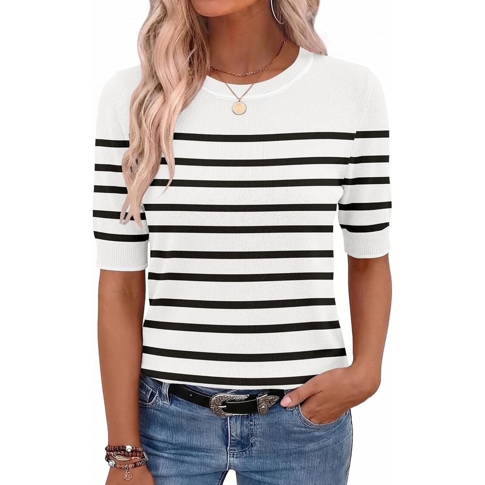 image:imageZeagoo Women Short Sleeve Sweater Summer Crew Neck Dressy Casual TopsWhiteblack