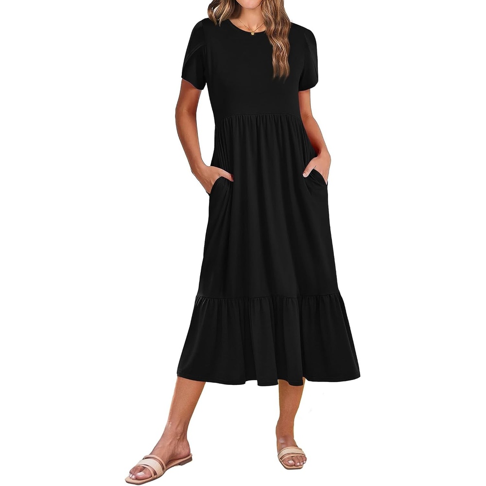 image:imageZeagoo Women Summer Midi A Line Dress Short Sleeve Casual Flowy Tiered Beach Long Sundress with Pockets 2026 Vacation TravelA03black