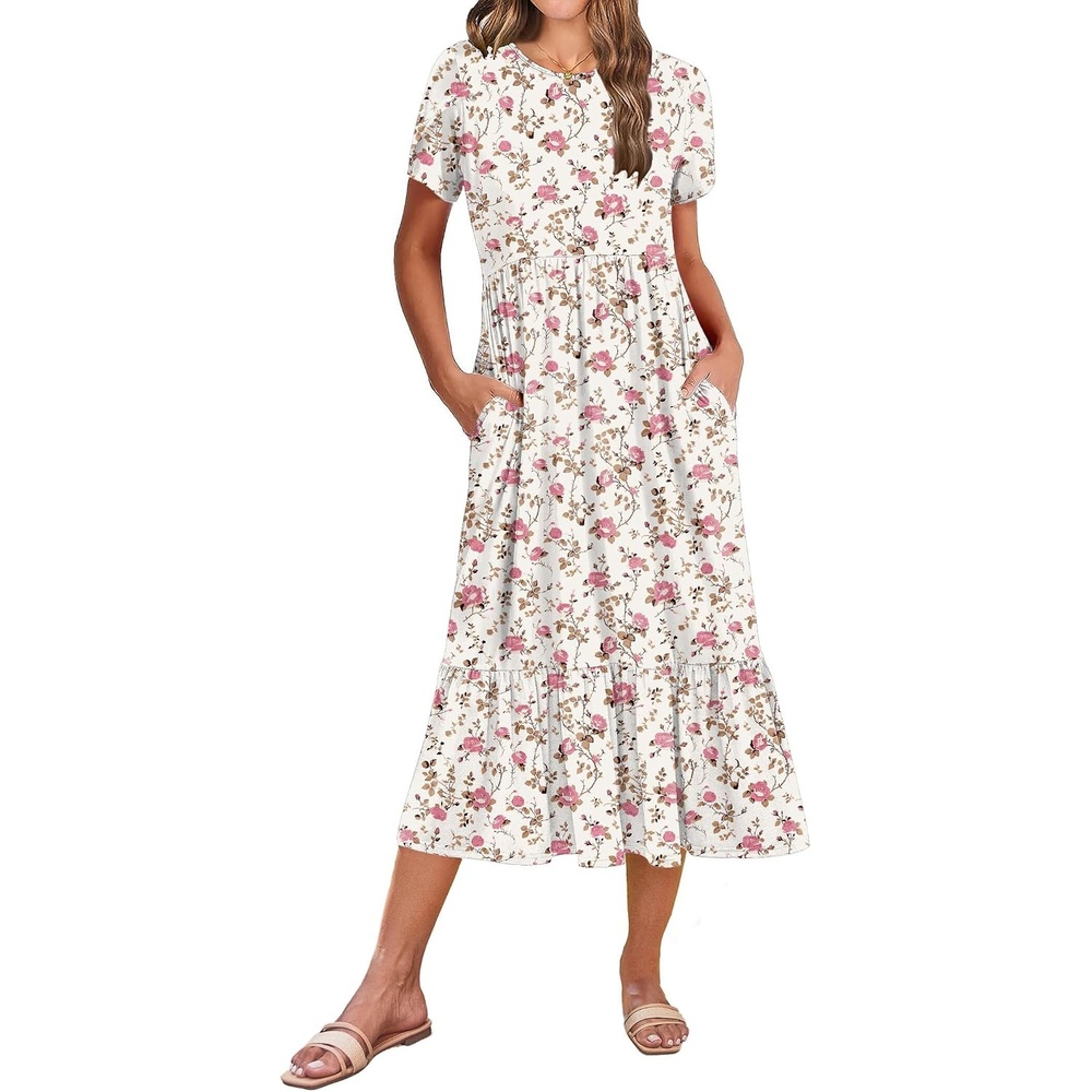 image:imageZeagoo Women Summer Midi A Line Dress Short Sleeve Casual Flowy Tiered Beach Long Sundress with Pockets 2026 Vacation TravelBf310