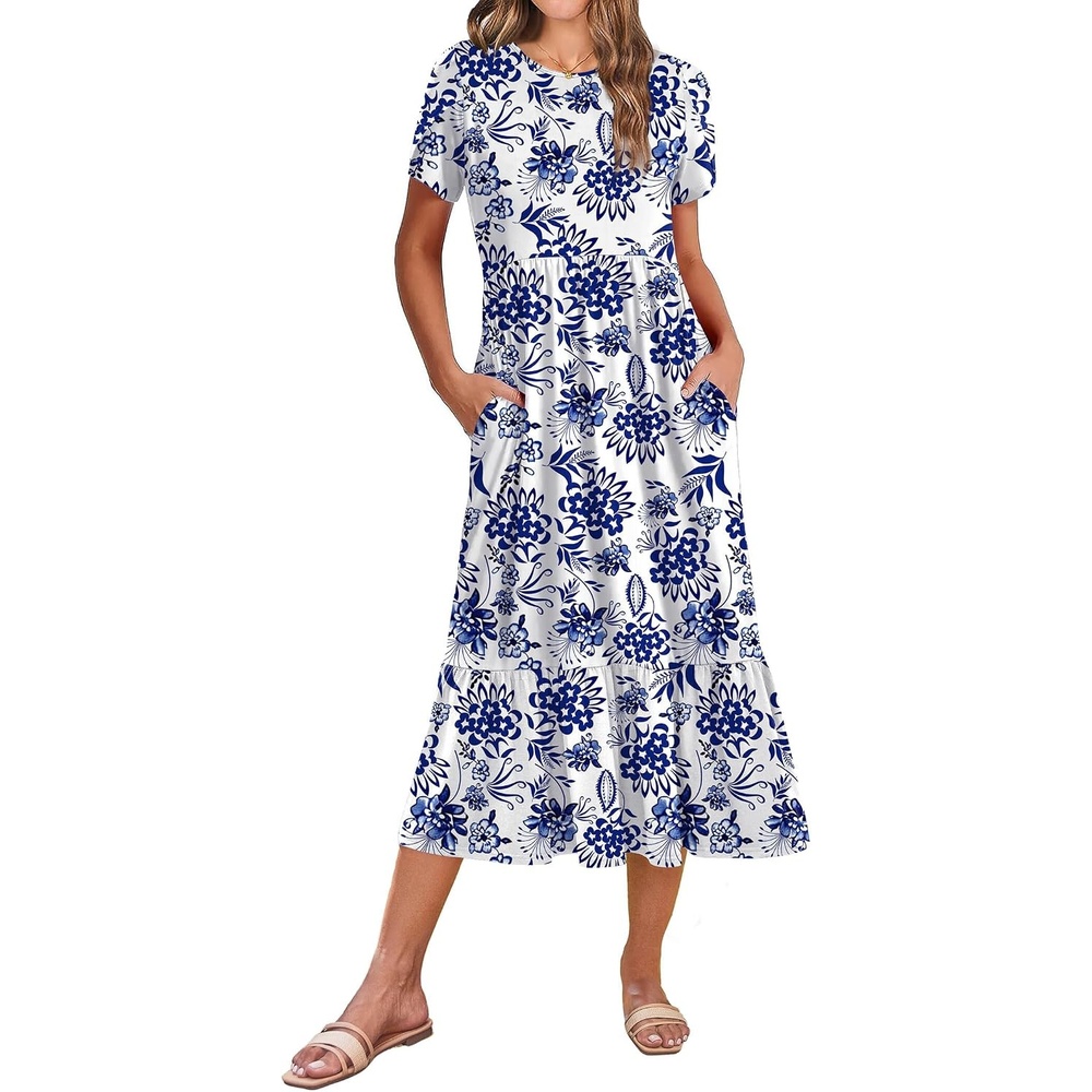 image:imageZeagoo Women Summer Midi A Line Dress Short Sleeve Casual Flowy Tiered Beach Long Sundress with Pockets 2026 Vacation TravelBlue Floral