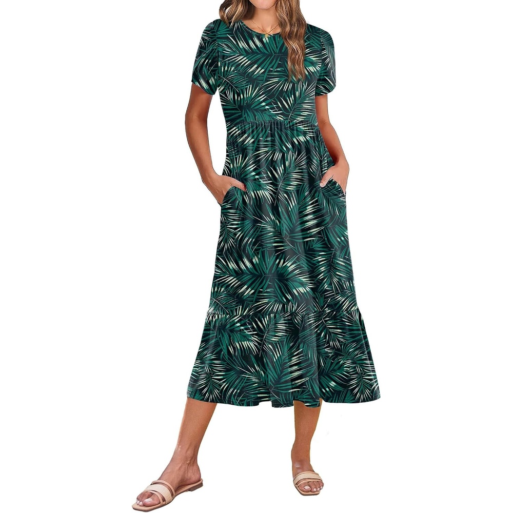 image:imageZeagoo Women Summer Midi A Line Dress Short Sleeve Casual Flowy Tiered Beach Long Sundress with Pockets 2026 Vacation TravelGreen Leaf