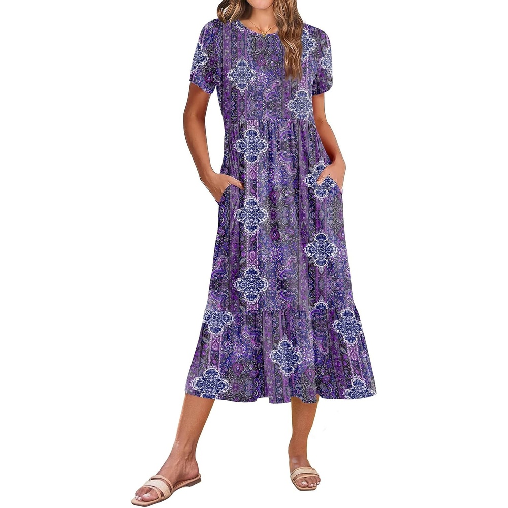 image:imageZeagoo Women Summer Midi A Line Dress Short Sleeve Casual Flowy Tiered Beach Long Sundress with Pockets 2026 Vacation TravelMz907