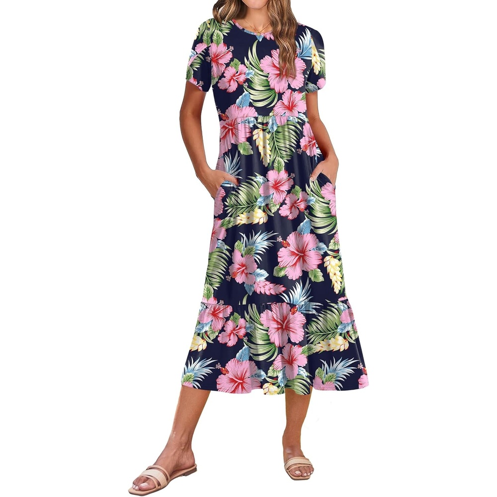 image:imageZeagoo Women Summer Midi A Line Dress Short Sleeve Casual Flowy Tiered Beach Long Sundress with Pockets 2026 Vacation TravelPink Floral