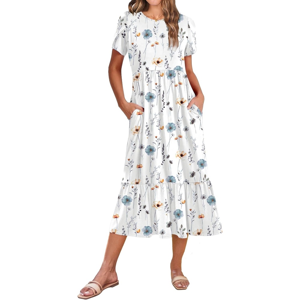 image:imageZeagoo Women Summer Midi A Line Dress Short Sleeve Casual Flowy Tiered Beach Long Sundress with Pockets 2026 Vacation TravelWhite Floral