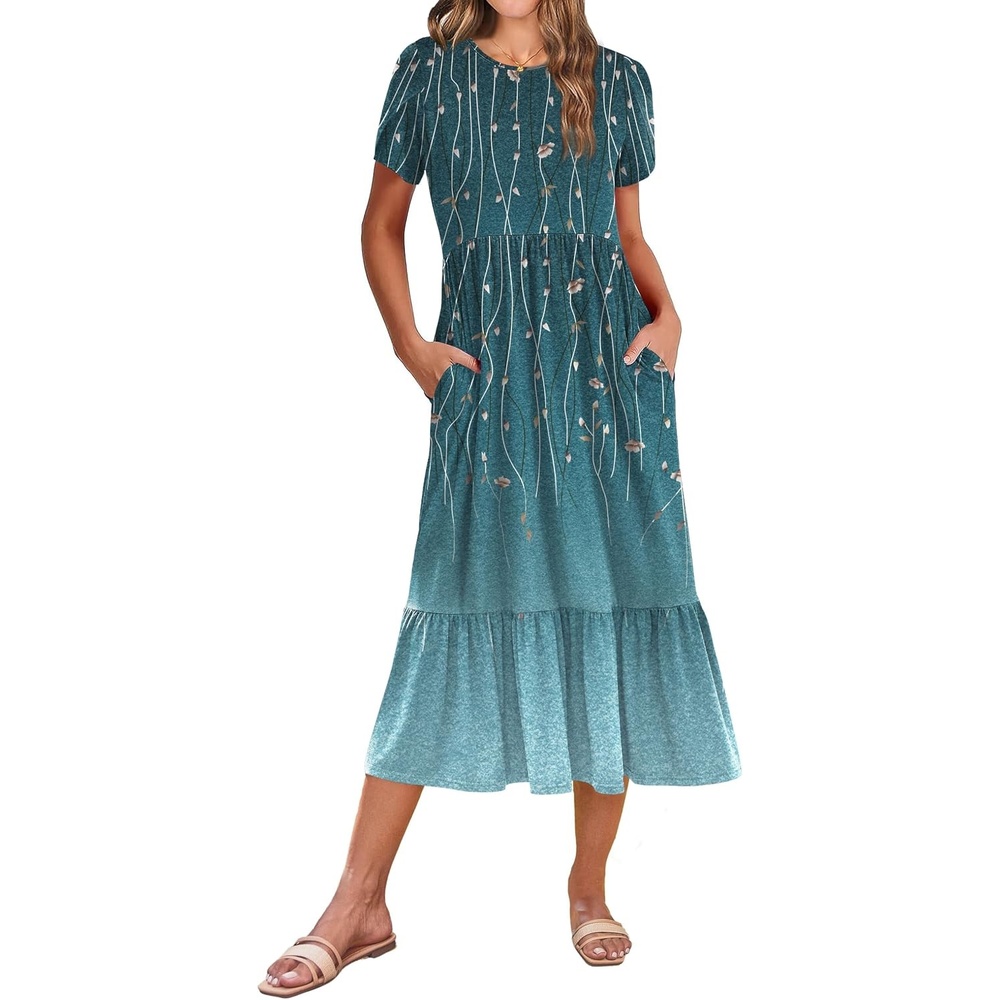 image:imageZeagoo Women Summer Midi A Line Dress Short Sleeve Casual Flowy Tiered Beach Long Sundress with Pockets 2026 Vacation TravelXh363