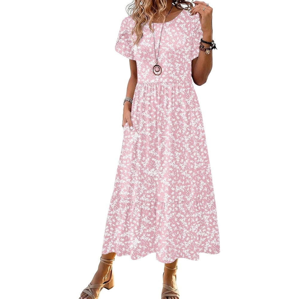 image:imageZeagoo Women Summer Midi A Line Dress Short Sleeve Casual Flowy Tiered Beach Long Sundress with Pockets 2026 Vacation TravelXh530