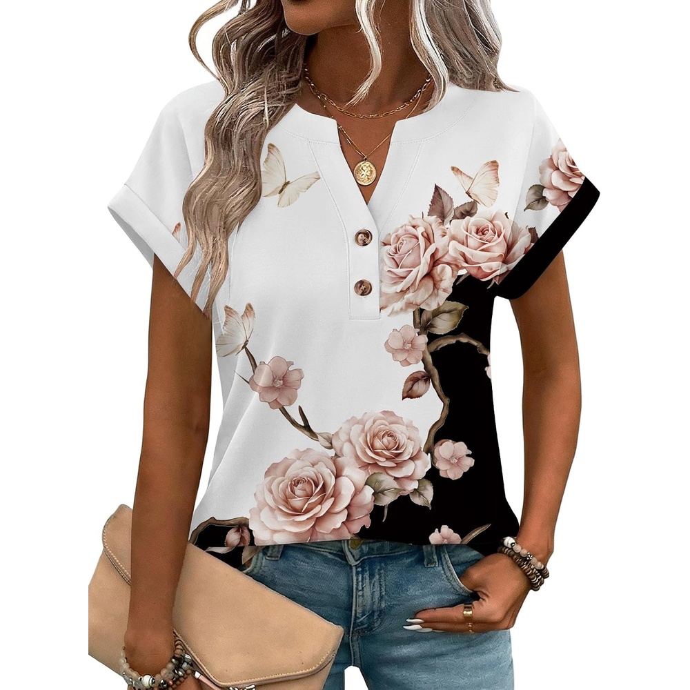 image:imageZeagoo Women Tops Short Sleeve T Shirts V Neck Dressy Casual Work BlousesBf347flower