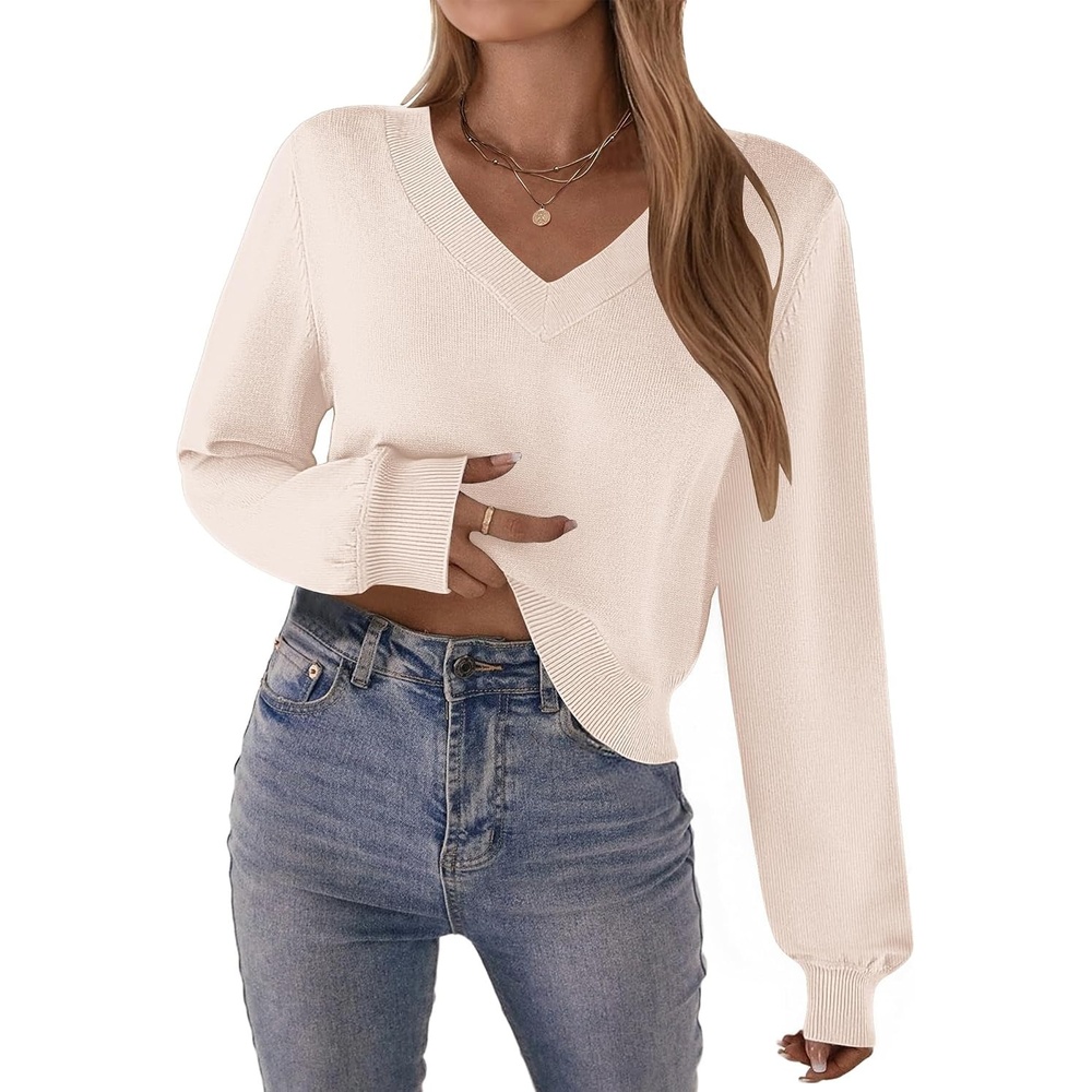 image:imageZeagoo Women VNeck Cropped Sweater Fall Long Sleeve Knit Pullover TopsApricot