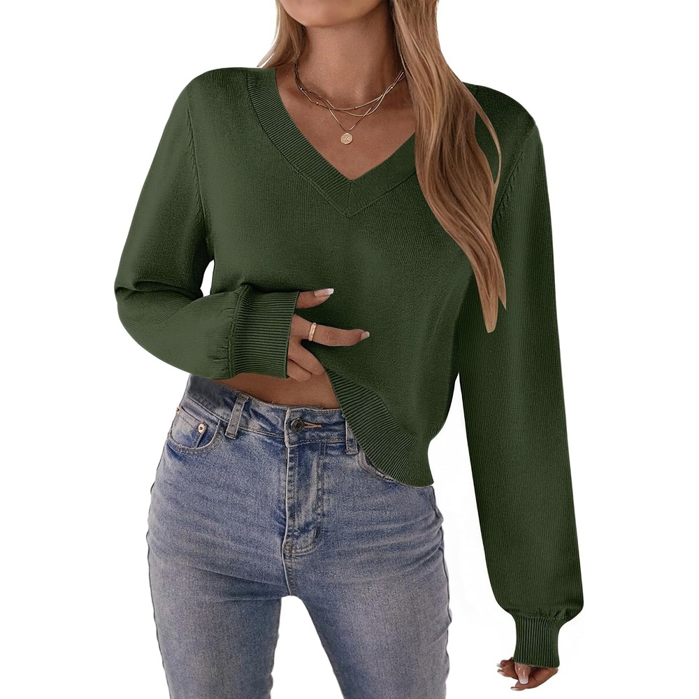 image:imageZeagoo Women VNeck Cropped Sweater Fall Long Sleeve Knit Pullover TopsArmy Green