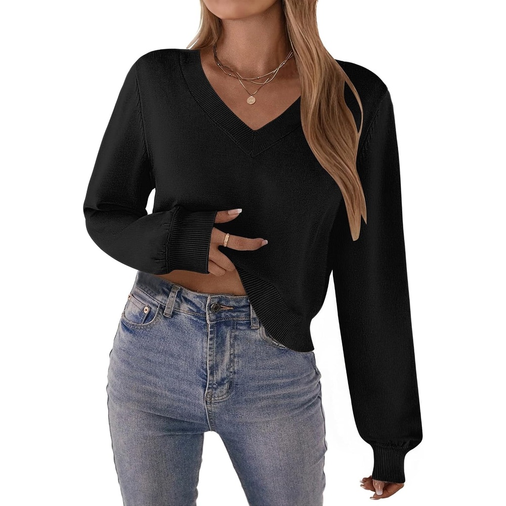 image:imageZeagoo Women VNeck Cropped Sweater Fall Long Sleeve Knit Pullover TopsBlack