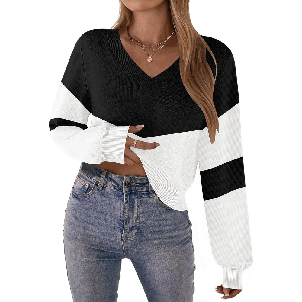 image:imageZeagoo Women VNeck Cropped Sweater Fall Long Sleeve Knit Pullover TopsBlack White