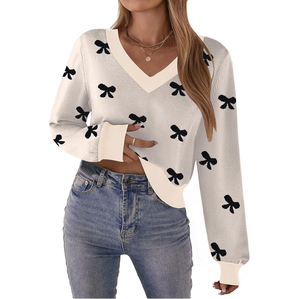image:imageZeagoo Women VNeck Cropped Sweater Fall Long Sleeve Knit Pullover TopsBowknot Beige