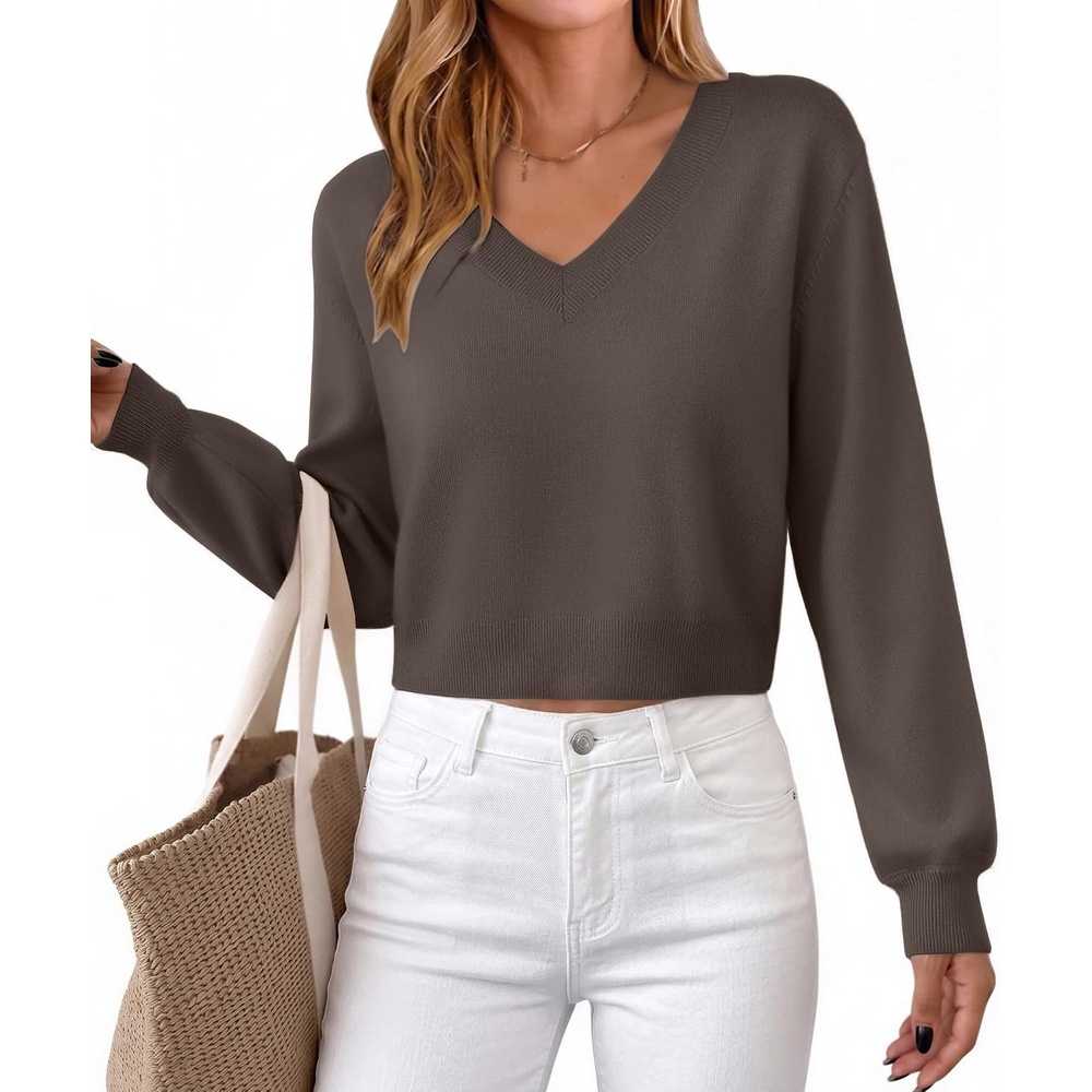 image:imageZeagoo Women VNeck Cropped Sweater Fall Long Sleeve Knit Pullover TopsBrown