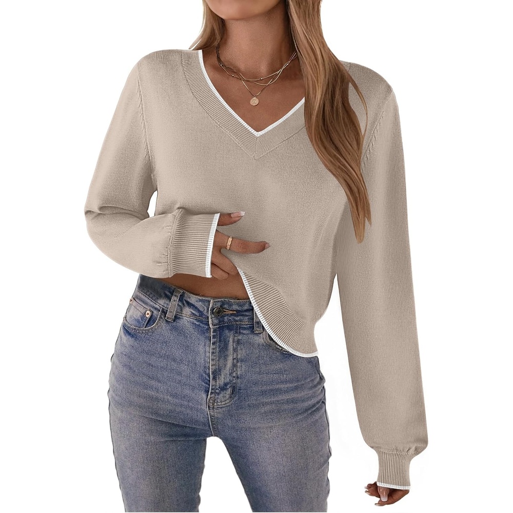 image:imageZeagoo Women VNeck Cropped Sweater Fall Long Sleeve Knit Pullover TopsColor Block 1