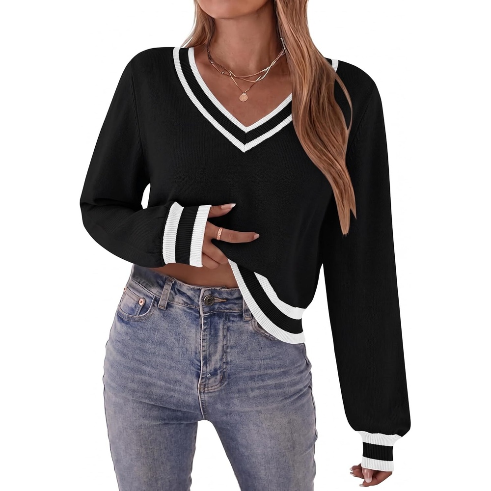 image:imageZeagoo Women VNeck Cropped Sweater Fall Long Sleeve Knit Pullover TopsColor Block Black