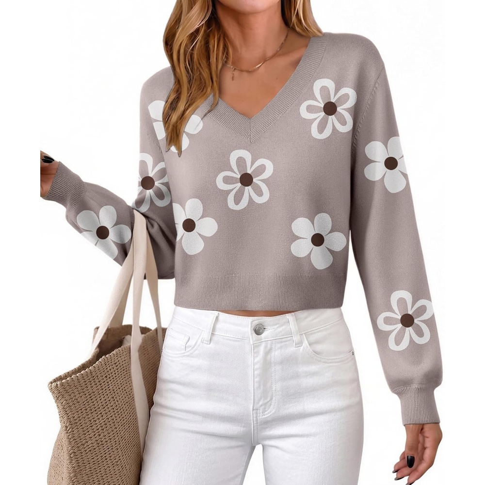 image:imageZeagoo Women VNeck Cropped Sweater Fall Long Sleeve Knit Pullover TopsFlower White