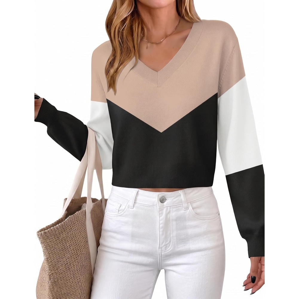 image:imageZeagoo Women VNeck Cropped Sweater Fall Long Sleeve Knit Pullover TopsKhaki Black