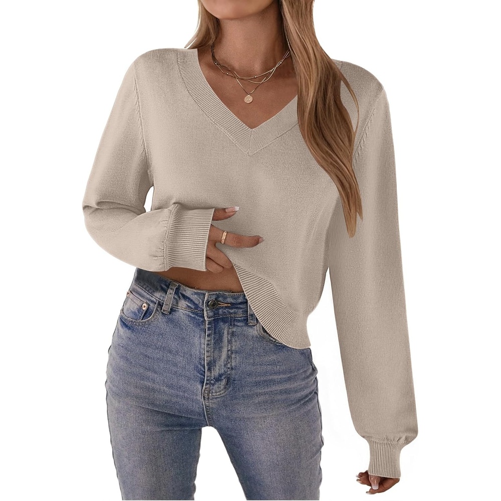 image:imageZeagoo Women VNeck Cropped Sweater Fall Long Sleeve Knit Pullover TopsLight Khaki